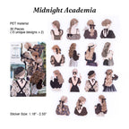 Variant image of the Midnight Academia dark aesthetic sticker pack, marked with number 3. The packaging features gothic watercolor art of a lace dress. The pack contains die-cut transparent PET girl silhouette stickers, ideal for dark academia and vintage scrapbooking on a rustic wooden desk with leaves.