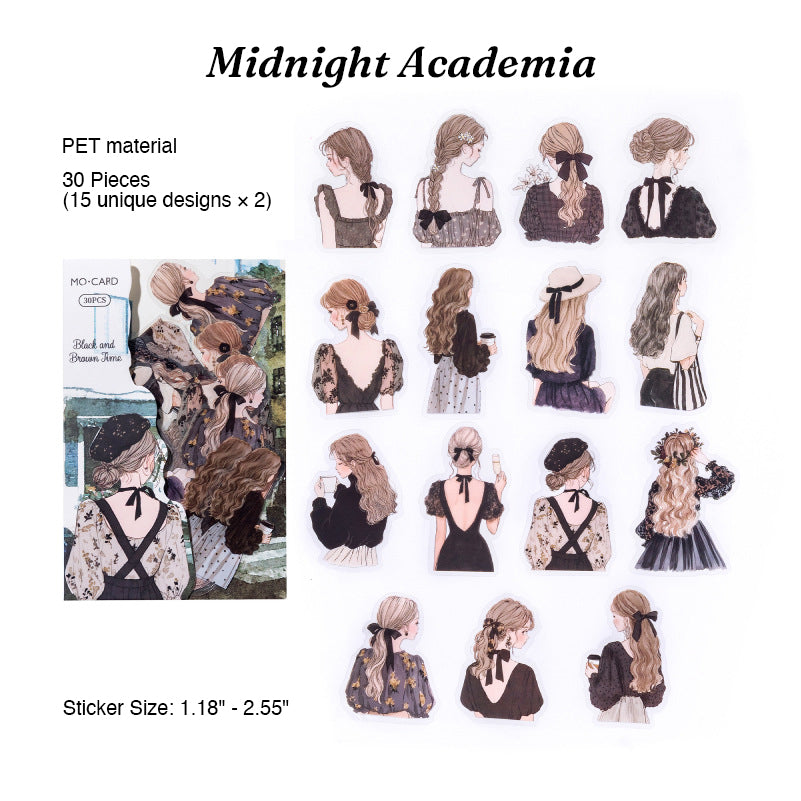 Variant image of the Midnight Academia dark aesthetic sticker pack, marked with number 3. The packaging features gothic watercolor art of a lace dress. The pack contains die-cut transparent PET girl silhouette stickers, ideal for dark academia and vintage scrapbooking on a rustic wooden desk with leaves.