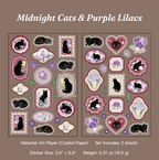 Midnight cats and purple lilacs vintage botanical sticker sheet
