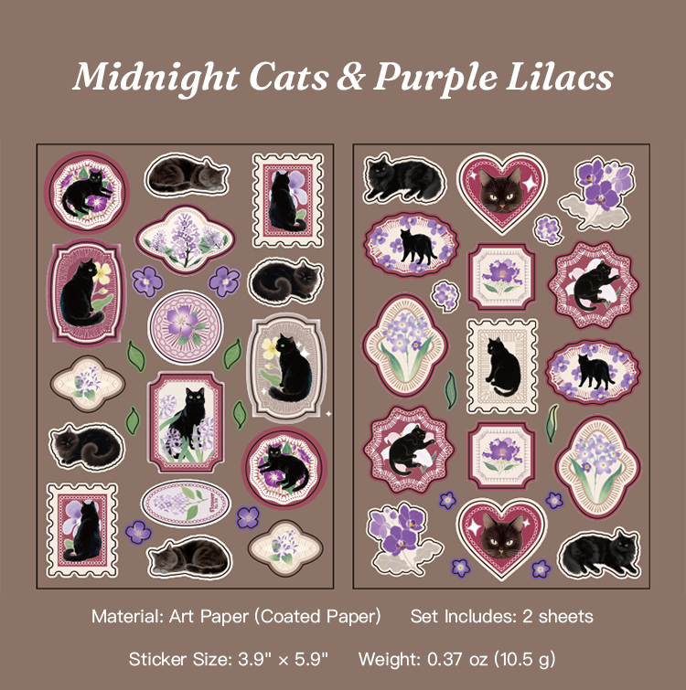 Midnight cats and purple lilacs vintage botanical sticker sheet