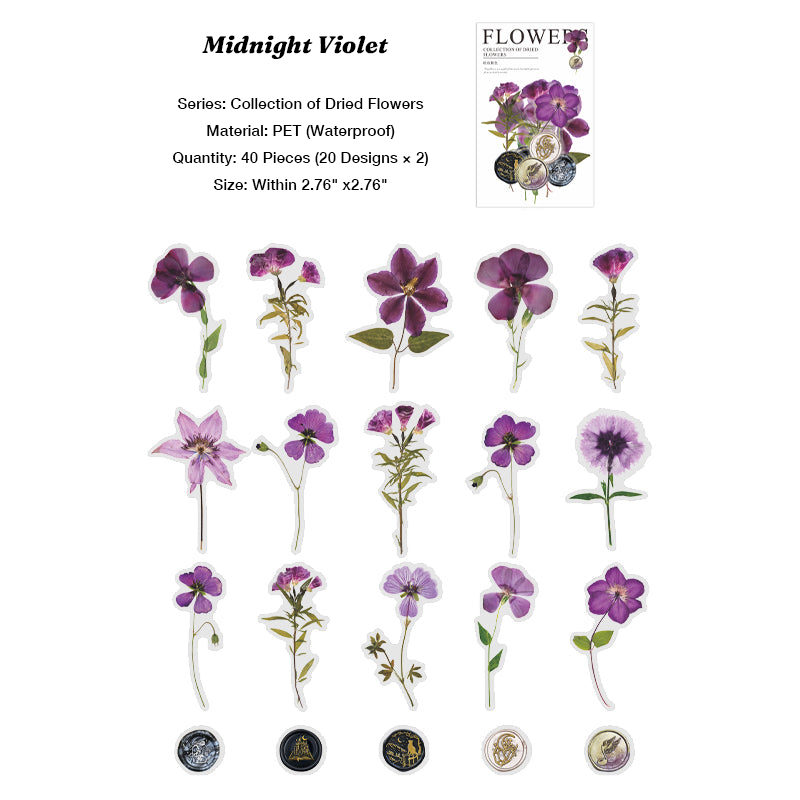 Purple pressed flower PET stickers featuring violet and lavender specimens for journaling