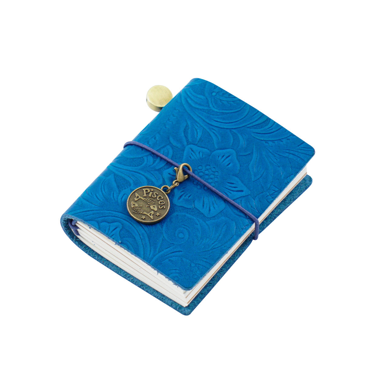 Midnight Navy embossed faux leather mini journal with bronze Pisces zodiac charm by Paperlooms