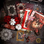 Variant image of the Midnight Rose style Premium Mixed Media Junk Journal Kit in its deep red and black packaging. Shows the 30 gothic-inspired pieces including baroque laser-cut frames, holographic PET dark red roses and butterfly elements, and textured background papers.