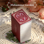 Midsummer Garden vintage collector's mini ephemera sourcebook with red coated paper cover and matte film finish, 360 sheets of lightweight paper and sulfate overlays for planner ephemera supplies
