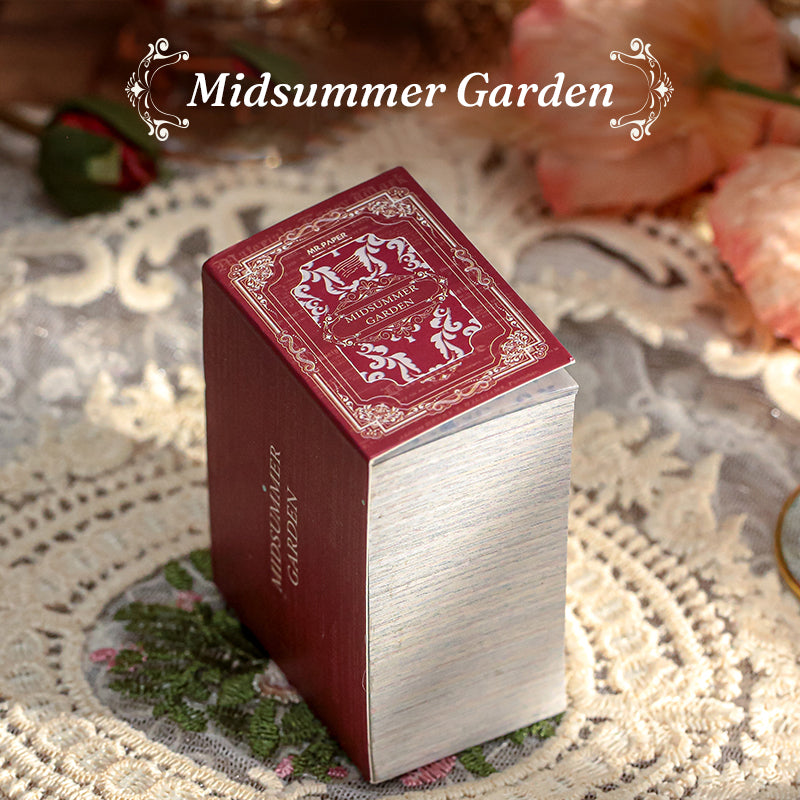 Midsummer Garden vintage collector's mini ephemera sourcebook with red coated paper cover and matte film finish, 360 sheets of lightweight paper and sulfate overlays for planner ephemera supplies
