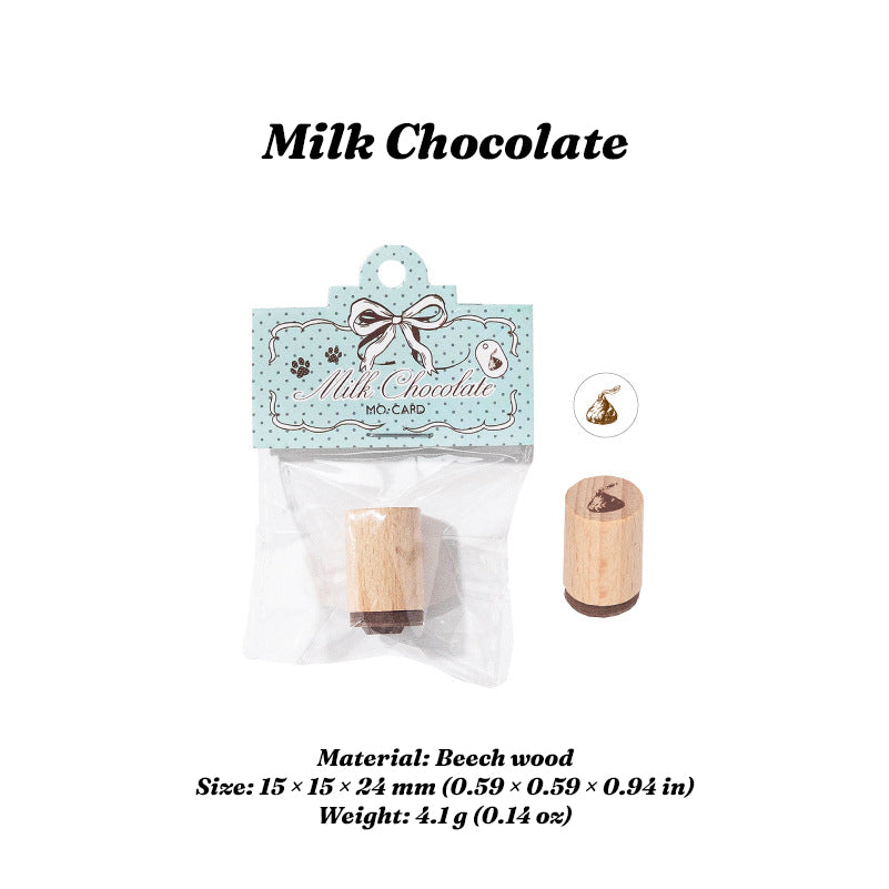 Milk Chocolate stamp with beech wood handle and product packaging