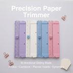 Mini paper trimmer collection four pastel colors purple white blue pink bi-directional gliding blade craft desk