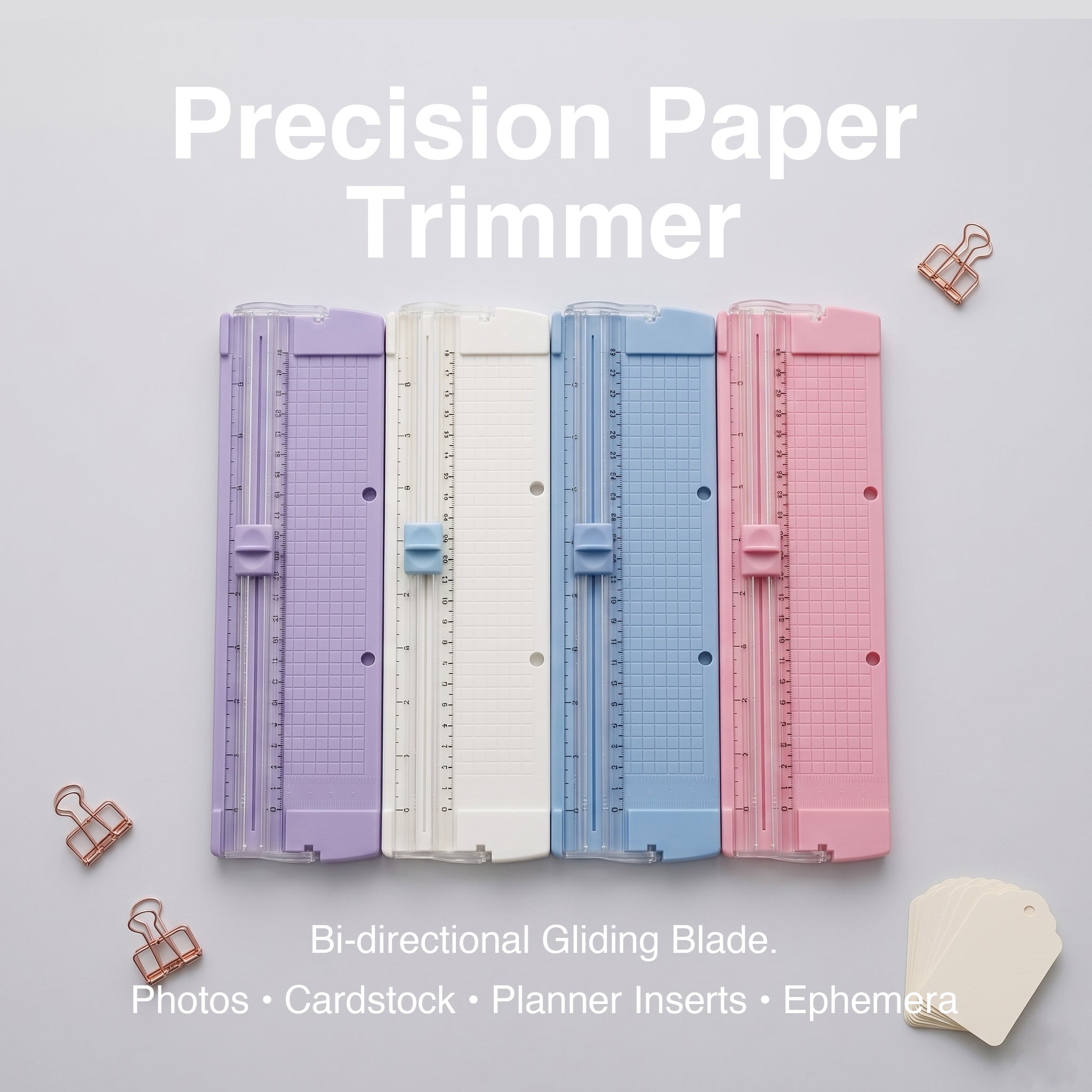 Mini paper trimmer collection four pastel colors purple white blue pink bi-directional gliding blade craft desk