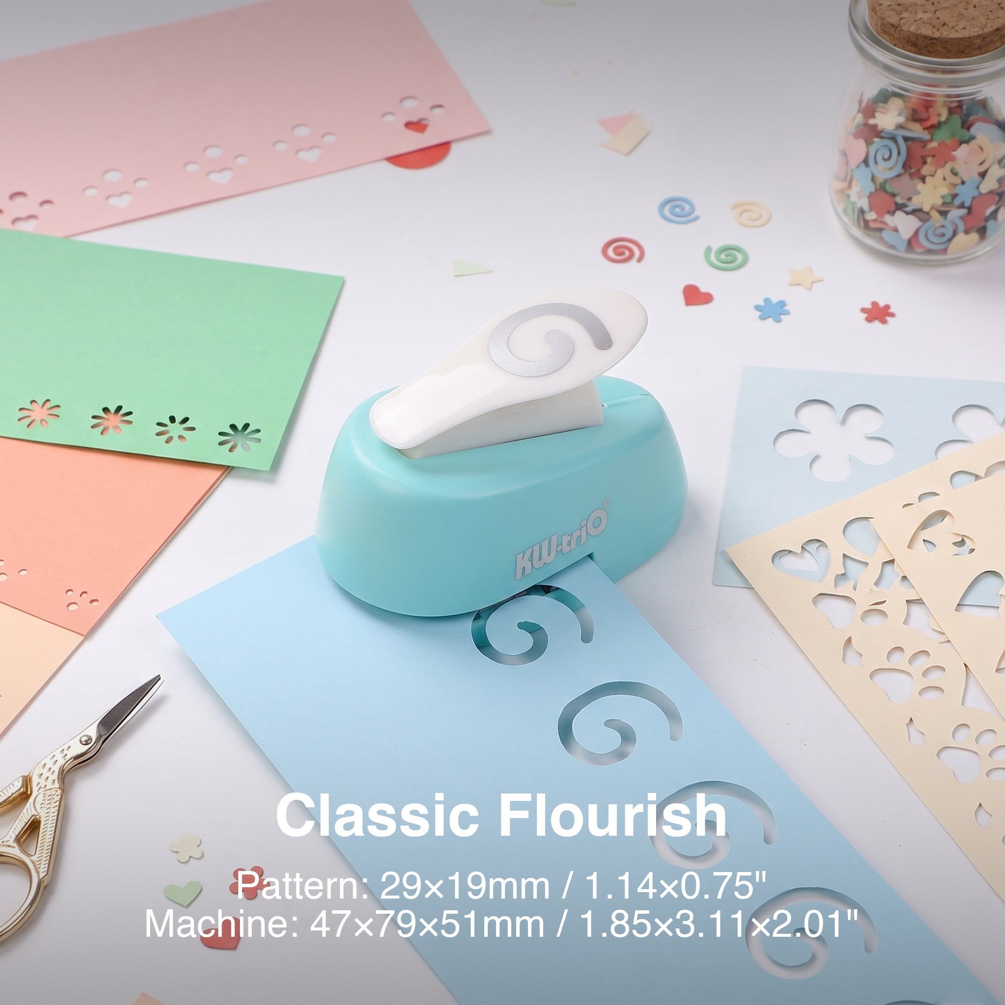Mini shape punch classic flourish swirl pattern 29x19mm cutout pastel paper craft