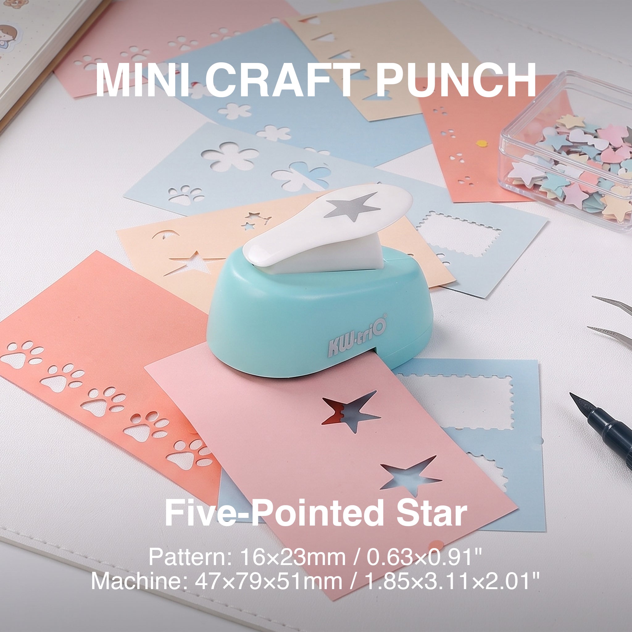 Mini shape punch five pointed star pattern 16x23mm cutout pink paper craft desk