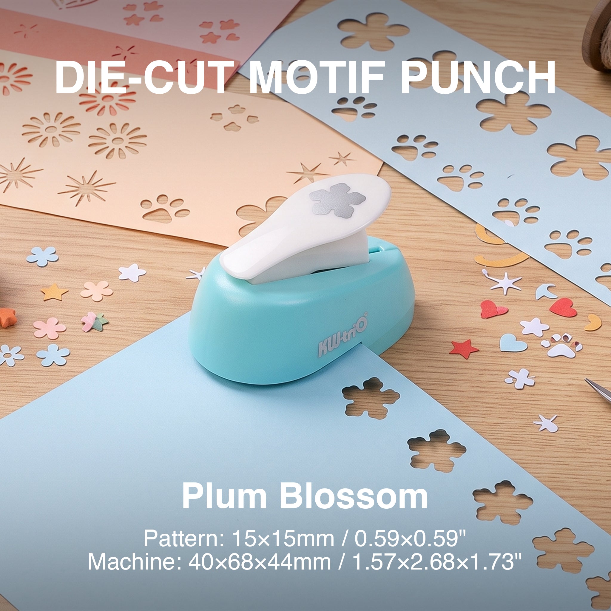 Mini shape punch plum blossom flower pattern 15x15mm cutout blue paper craft desk