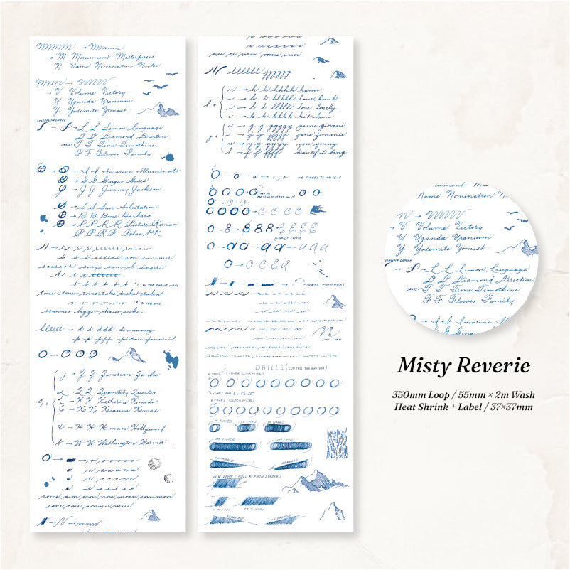 Misty Reverie washi tape with blue ink handwriting drills mountain sketches and alphabet practice sheets