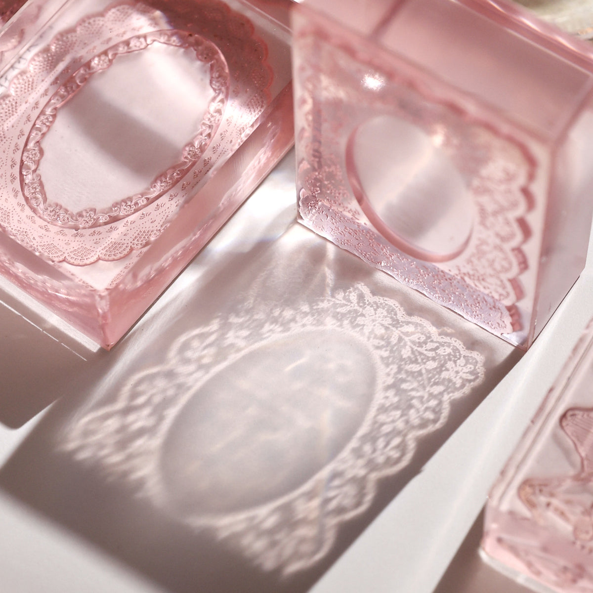 lace reverie misty mirror oval lace stamp closeup clear acrylic vintage