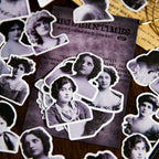 Complete collection of 20 modern girl stickers with white ink details showing variety of vintage fashion designs