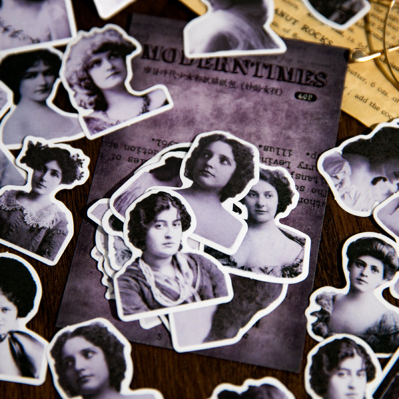 Complete collection of 20 modern girl stickers with white ink details showing variety of vintage fashion designs