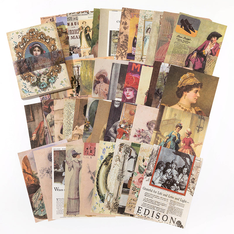Fanned retro poster paper sheets with Art Deco portraits, magazine covers, and illustrated women in muted olive and burgundy tones.
