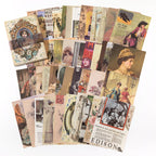 Fanned retro poster paper sheets with Art Deco portraits, magazine covers, and illustrated women in muted olive and burgundy tones.