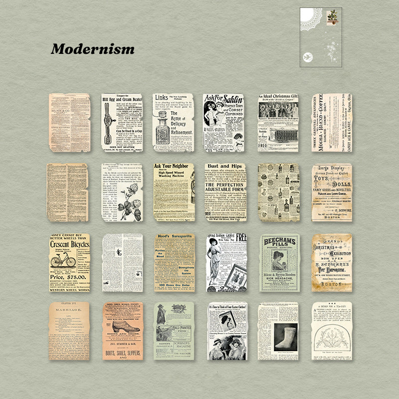 	24 vintage newspaper advertisement ephemera papers featuring bicycles, corsets, appliances and medicine ads