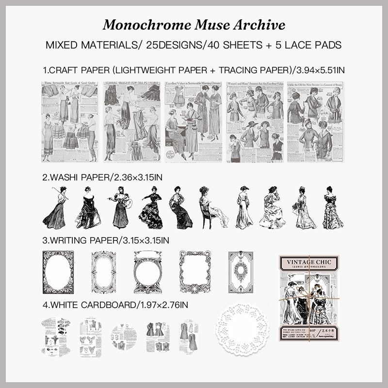 European vintage Monochrome Muse Archive mixed media craft pack for journaling