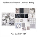Variant image for the Monochrome Archive style of the vintage letterpress faux postage stamp ephemera pack. Showcases 20 detailed die-cut stamps in grey and monochrome hues featuring vintage keys, houses, and starry motifs, letterpress printed on premium textured specialty papers.