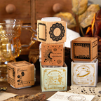 "Vintage wood stamp set showing detailed moon and star patterns for journaling"