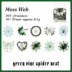 Green Vine Spider Nest stickers — vine-tangled webs and hearts, 10 pieces