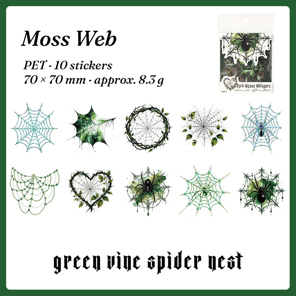 Green Vine Spider Nest stickers — vine-tangled webs and hearts, 10 pieces
