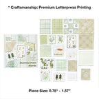 Variant image for the Moss & Fern style of the vintage letterpress faux postage stamp ephemera pack. Showcases 20 detailed die-cut stamps in muted green hues featuring forest fern, leaf, and mushroom motifs, letterpress printed on premium textured specialty papers.