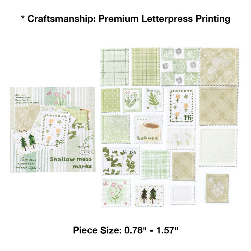 Variant image for the Moss & Fern style of the vintage letterpress faux postage stamp ephemera pack. Showcases 20 detailed die-cut stamps in muted green hues featuring forest fern, leaf, and mushroom motifs, letterpress printed on premium textured specialty papers.
