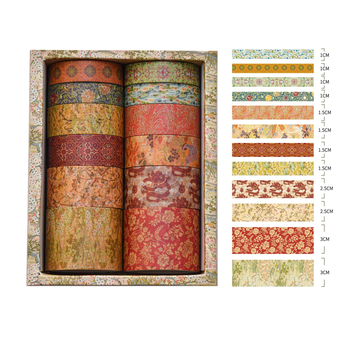 Mountain Moon oriental washi tape set — 12 rolls with mountain pass and moonlit landscape prints in indigo and gold tones
