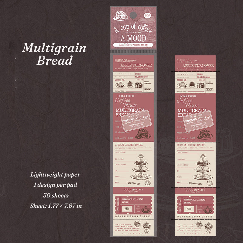 Multigrain Bread coffee theme tear-off notepad design showing pink vintage eco coffee house and grain bread prints on 1.77 x 7.87 inch lightweight paper strip, 50 sheets per pad
