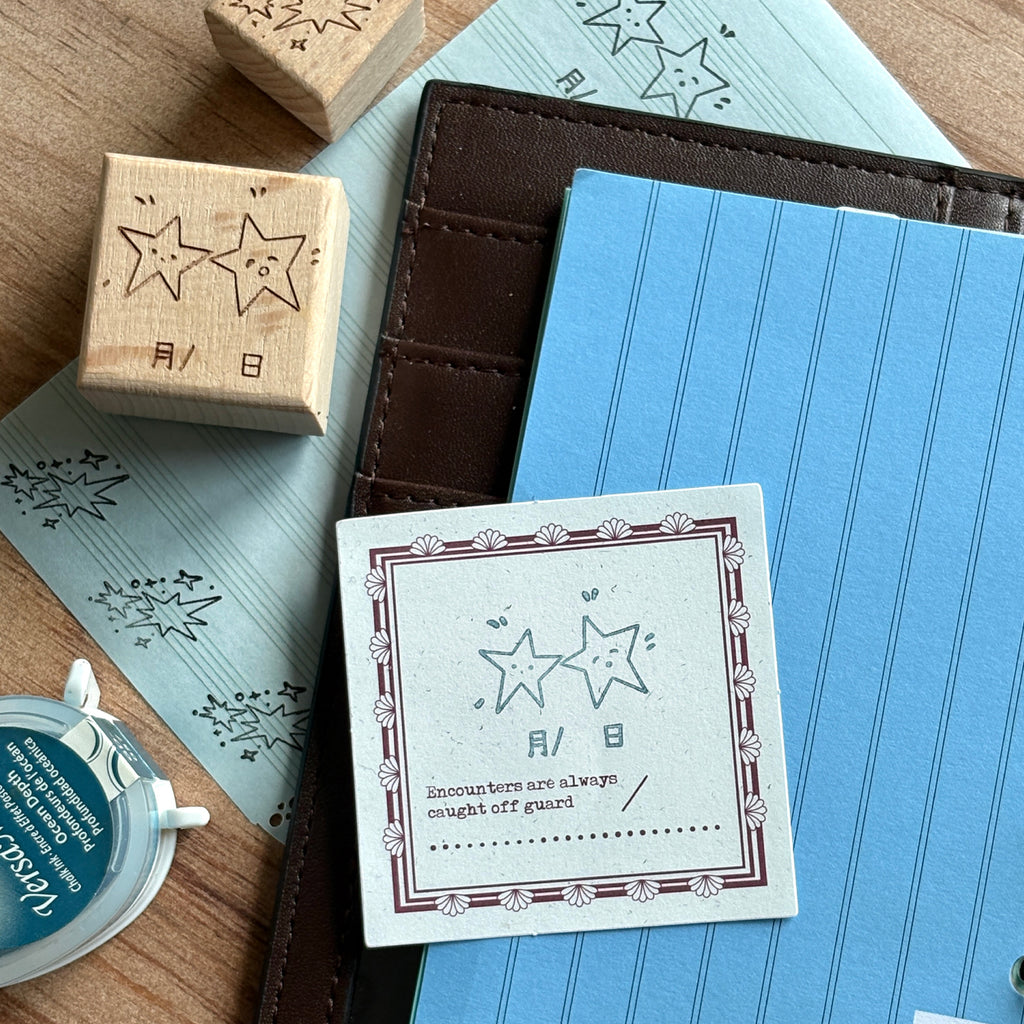 Multiple star constellation beech wood stamps with carved rubber impressions showing celestial corner borders and star fragments, pre-cut designs for junk journal decoration
