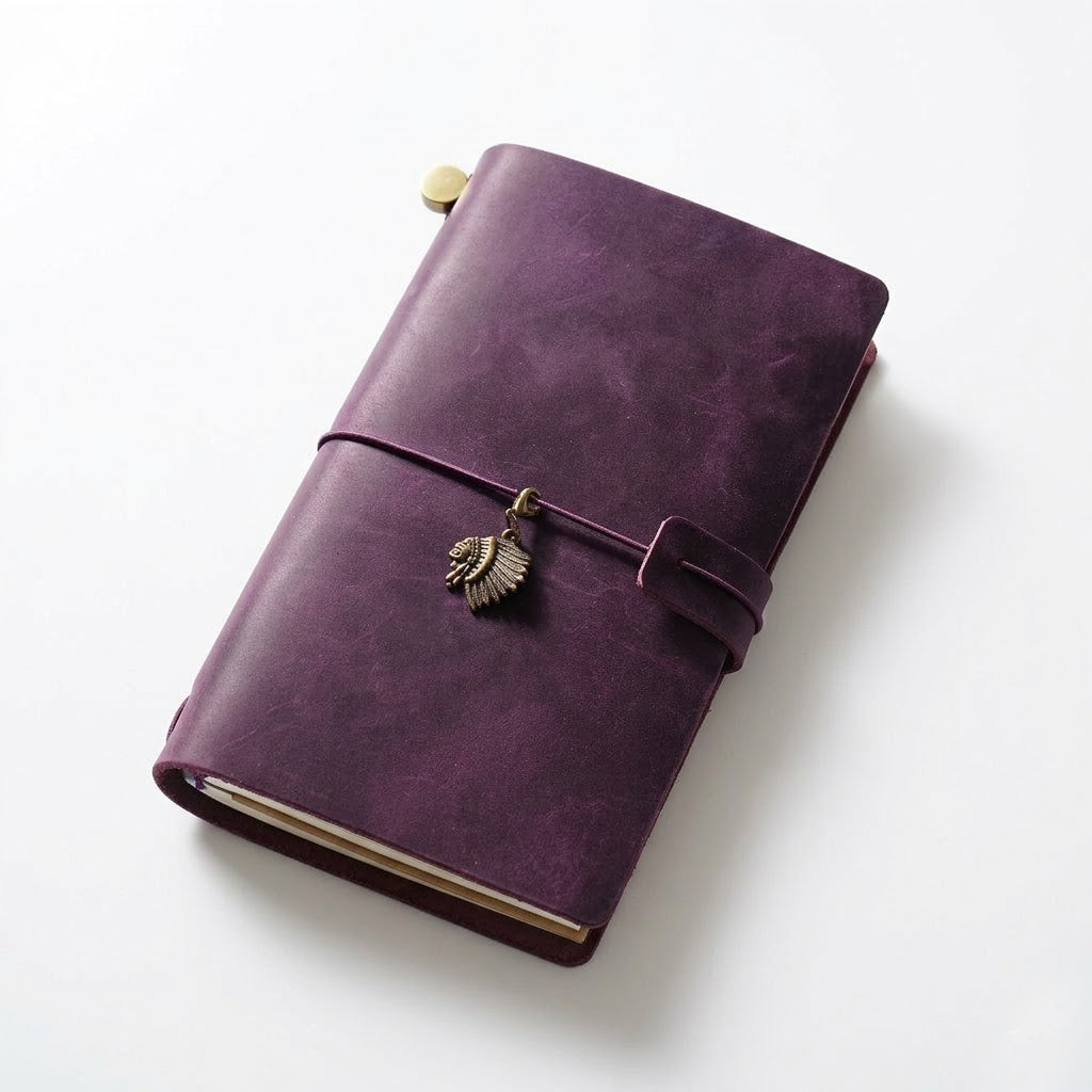 Premium full-grain leather pocket traveler's notebook in Mystic Plum