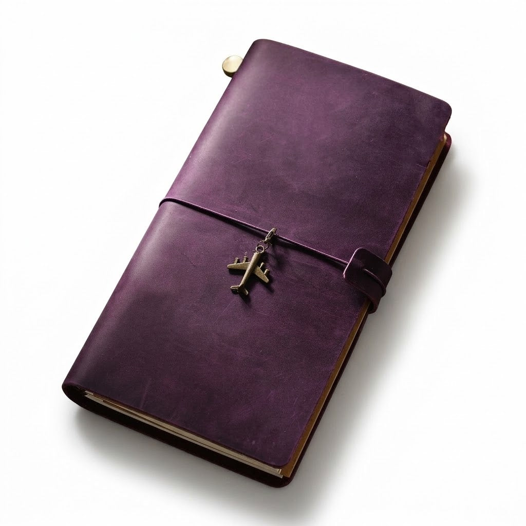 Mystic Plum classic leather travel journal secured with an antique airplane charm, ideal for globetrotters and flight logs.