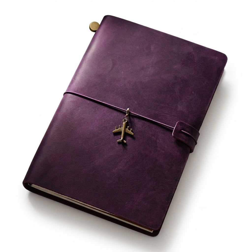 Mystic Plum thick full-grain leather writing journal in A5 size, detailed with an antique Native American chief metal charm.
