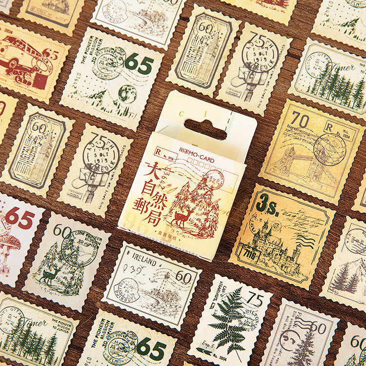 Nature Post Office sticker cube with 60 vintage stamp stickers in removable design