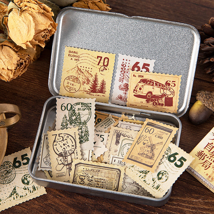 Detailed view of nature post office stickers with vintage stamp illustrations