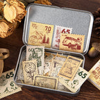 Detailed view of nature post office stickers with vintage stamp illustrations