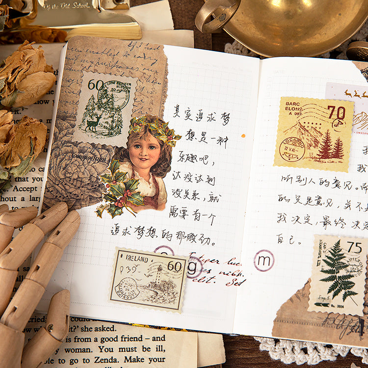 Vintage stamp sticker cube in use for journaling, envelopes and planner decoration