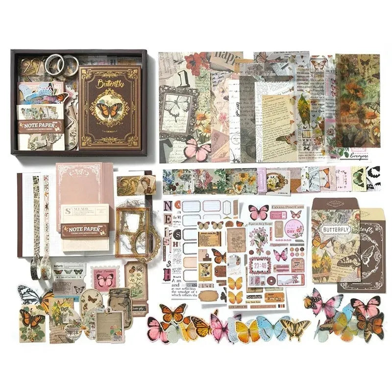 Main image for the 'Nature's Whispers' Vintage Brown Butterfly Journal Kit variant, showing the open gift box with a brown notebook, matching washi tapes, and vintage ephemera papers for Dark Academia scrapbooking.