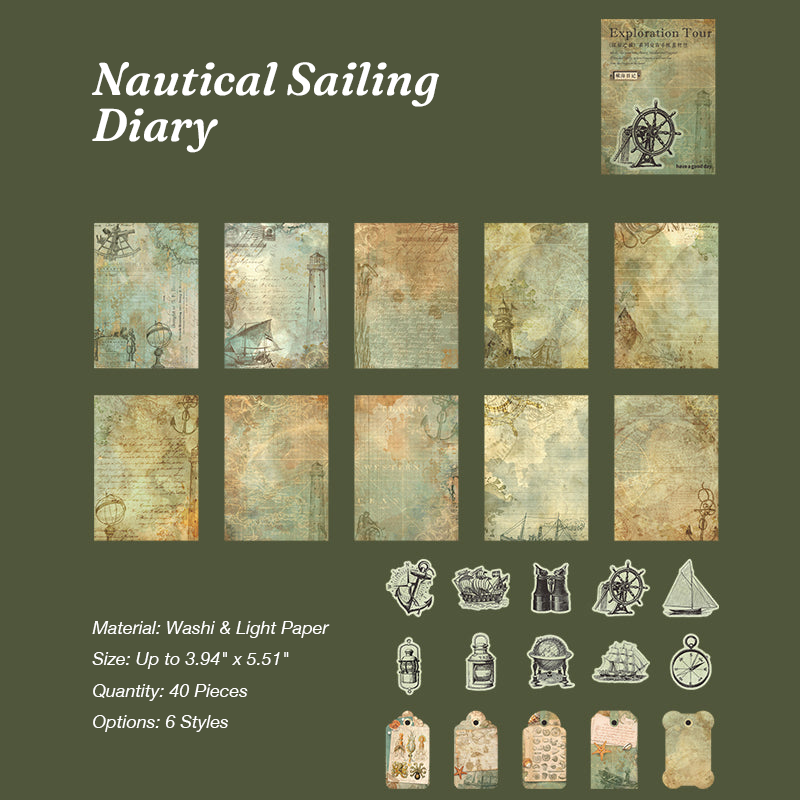 Nautical sailing diary vintage map and compass sticker pack