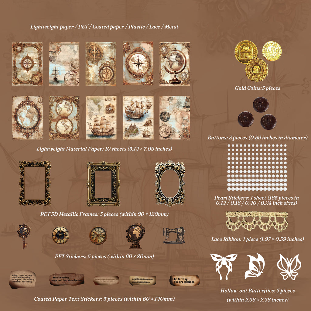 Nautical Voyage vintage collage kit contents - 10 compass and ship art papers, 3 black-gold PET frames, globe and clock PET stickers, pearls and lace