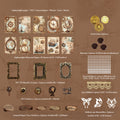 Nautical Voyage vintage collage kit contents - 10 compass and ship art papers, 3 black-gold PET frames, globe and clock PET stickers, pearls and lace