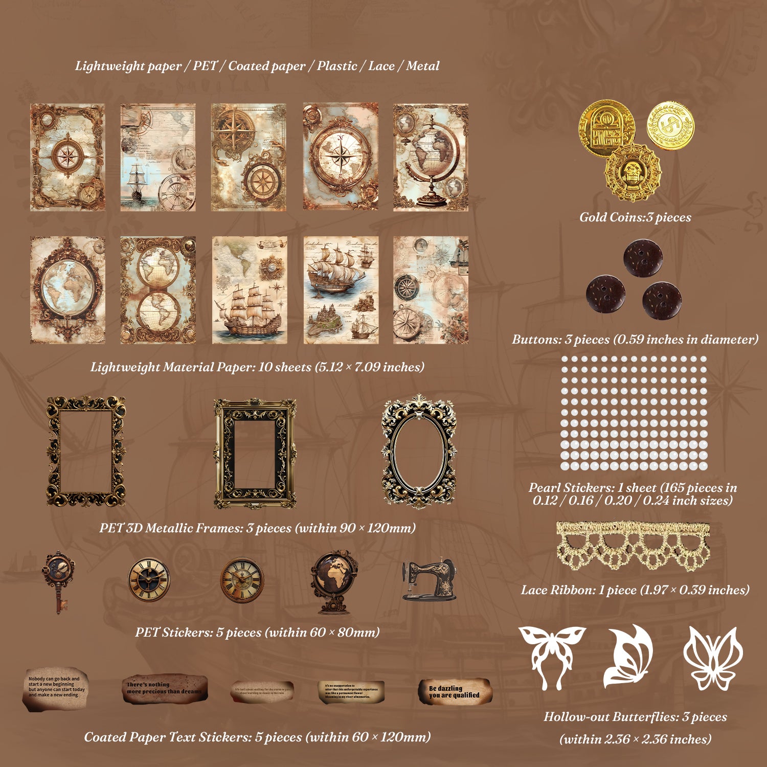 Nautical Voyage vintage collage kit contents - 10 compass and ship art papers, 3 black-gold PET frames, globe and clock PET stickers, pearls and lace