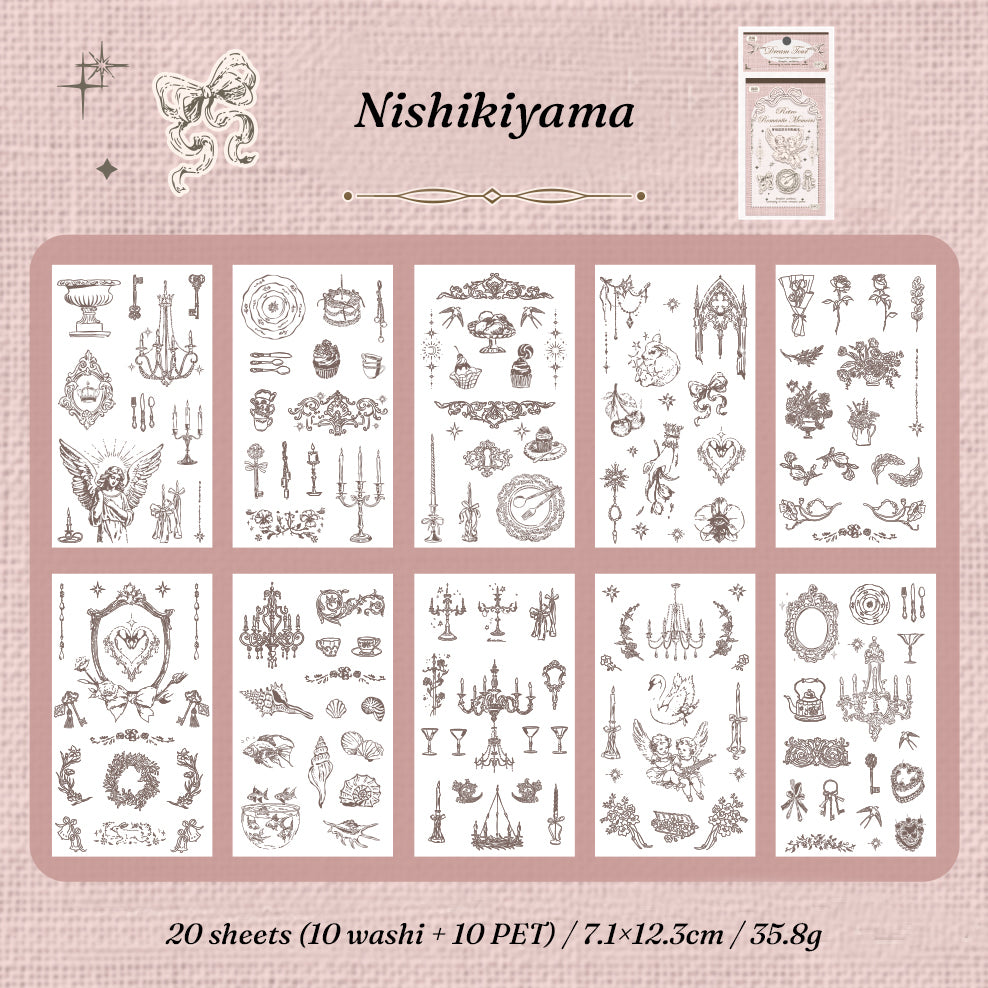 Nishikiyama pink sticker book flat lay showing all 20 PET and washi sheets