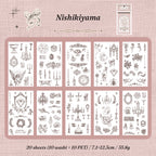 Nishikiyama pink sticker book flat lay showing all 20 PET and washi sheets