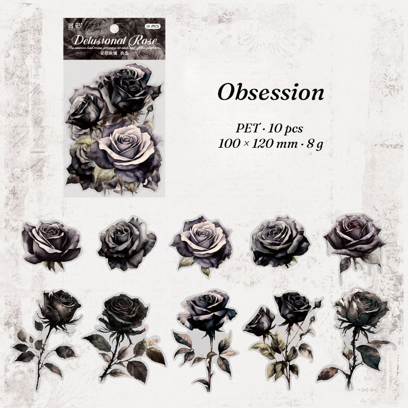 Delusional Rose stickers style 4 — black rose illustrations, 10 pieces