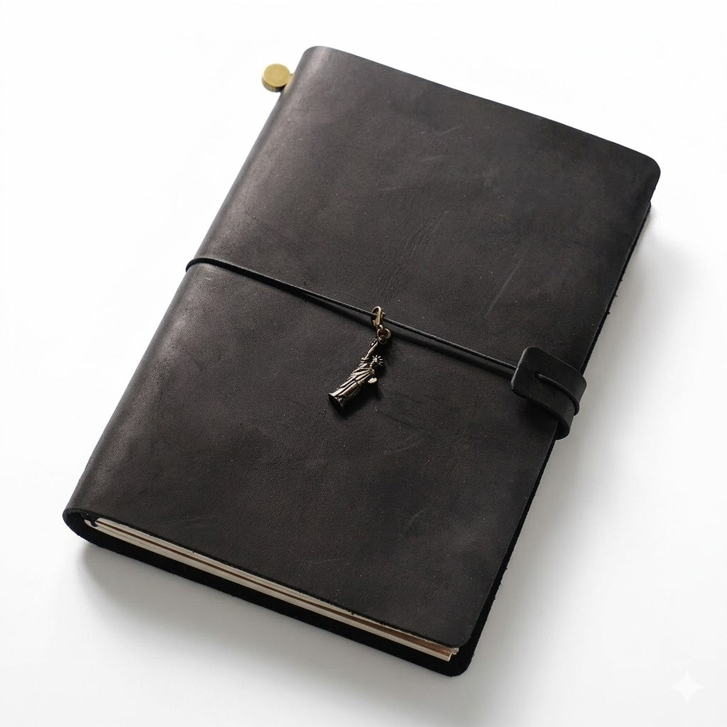Obsidian Black full-grain leather A5 journal featuring a Statue of Liberty charm, the perfect executive notebook for office professionals.