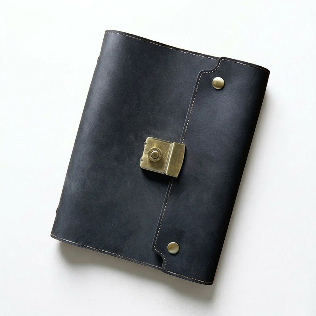 Obsidian Black genuine leather combination lock journal, A5 refillable notebook with compass embossing for secure executive daily notes.