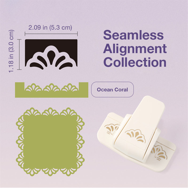White border punch with ocean coral fan pattern cut sample and seamless alignment guide